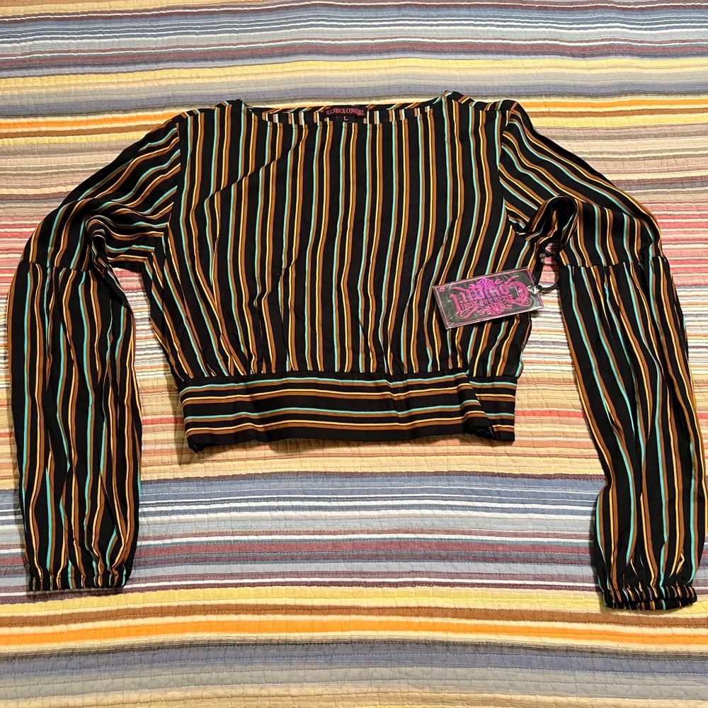 ROCK & ROLL COWGIRL Striped Long Sleeve Crop Top Womens Size L Black Teal Orange
